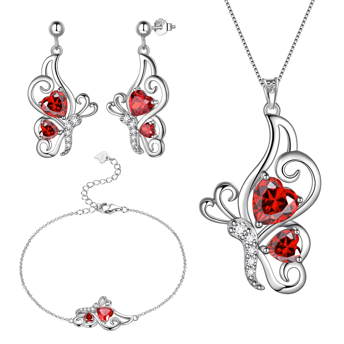 Butterfly Heart Jewelry Set,925 Sterling Silver Purple Amethyst Birthstone Pendant Necklace/Earrings/Bracelet Set Cute Animals Jewelry Gift for Women Girls