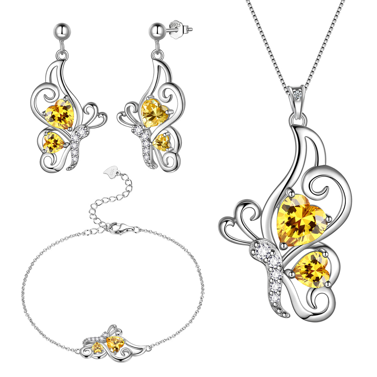 Butterfly Heart Jewelry Set,925 Sterling Silver Red Garnet Birthstone Pendant Necklace/Earrings/Bracelet Set Cute Animals Jewelry Gift for Women Girls