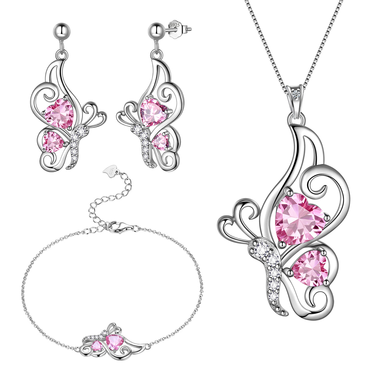 Butterfly Heart Jewelry Set,925 Sterling Silver Red Garnet Birthstone Pendant Necklace/Earrings/Bracelet Set Cute Animals Jewelry Gift for Women Girls