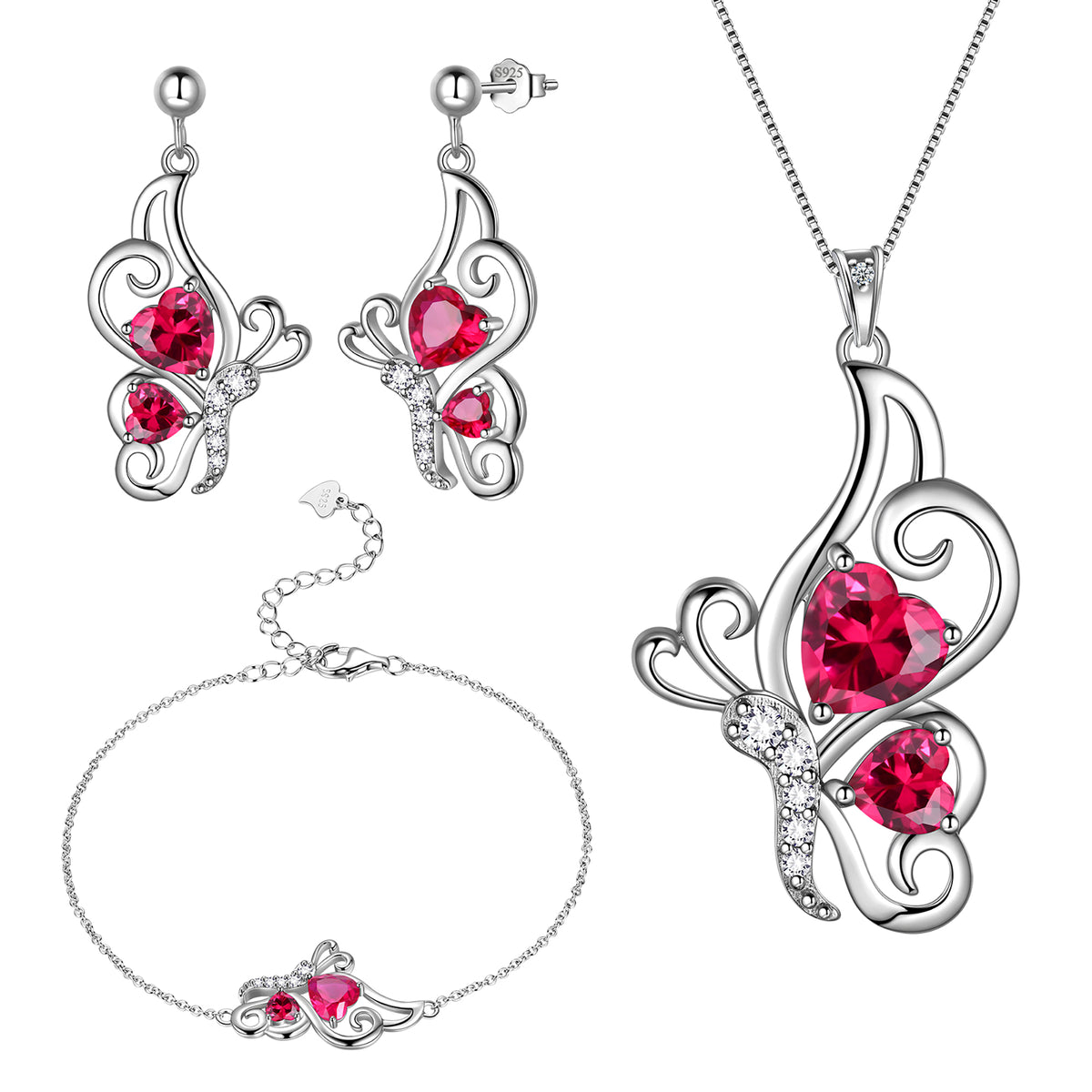Butterfly Heart Jewelry Set,925 Sterling Silver Red Garnet Birthstone Pendant Necklace/Earrings/Bracelet Set Cute Animals Jewelry Gift for Women Girls