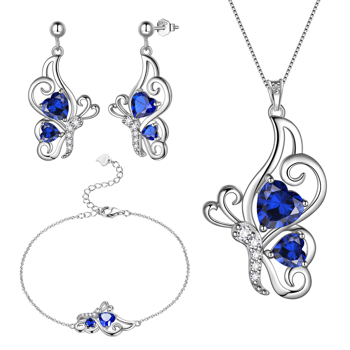Butterfly Heart Jewelry Set,925 Sterling Silver Red Garnet Birthstone Pendant Necklace/Earrings/Bracelet Set Cute Animals Jewelry Gift for Women Girls