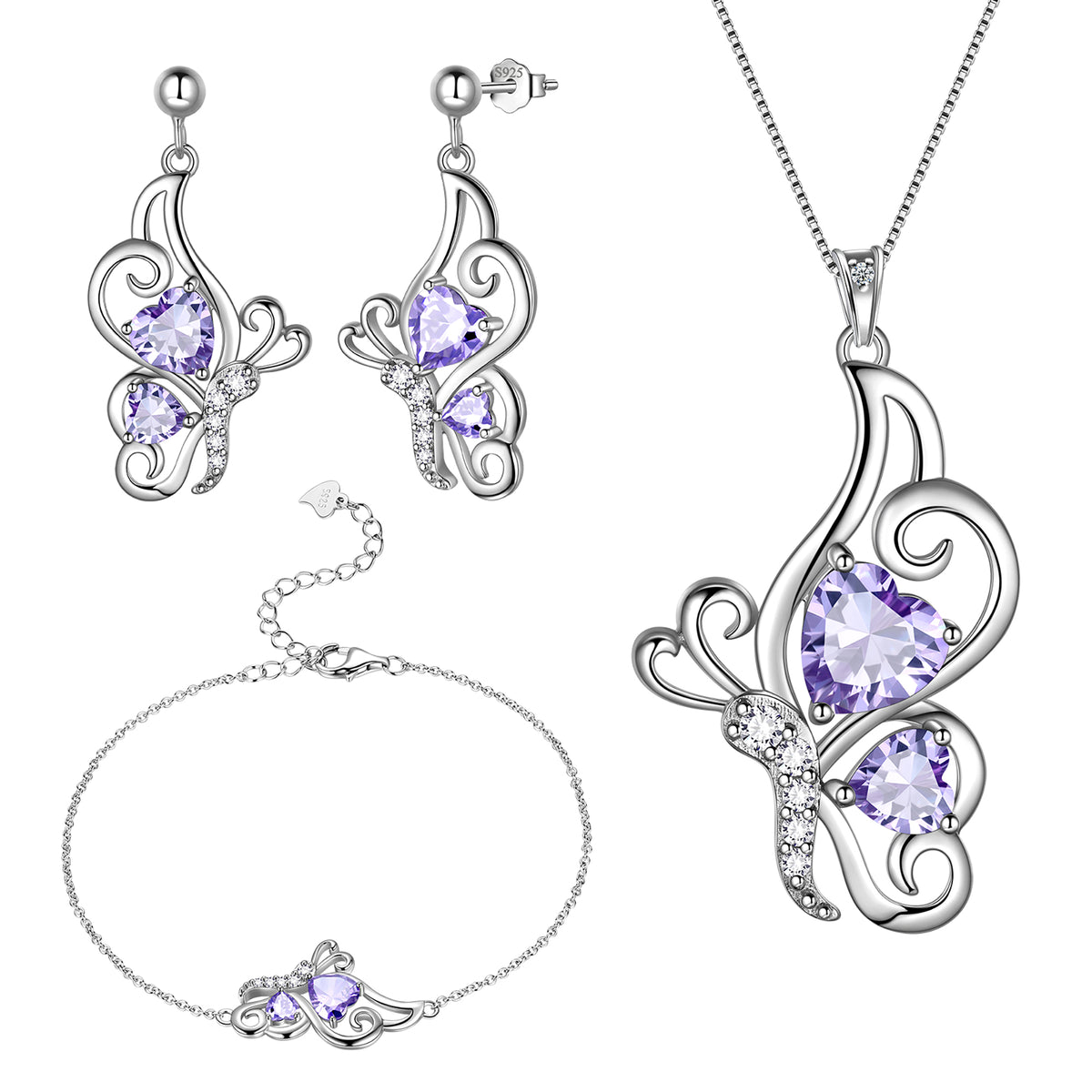 Butterfly Heart Jewelry Set,925 Sterling Silver Red Garnet Birthstone Pendant Necklace/Earrings/Bracelet Set Cute Animals Jewelry Gift for Women Girls