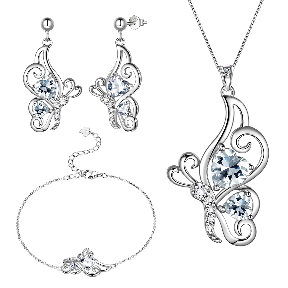 Butterfly Heart Jewelry Set,925 Sterling Silver Red Garnet Birthstone Pendant Necklace/Earrings/Bracelet Set Cute Animals Jewelry Gift for Women Girls