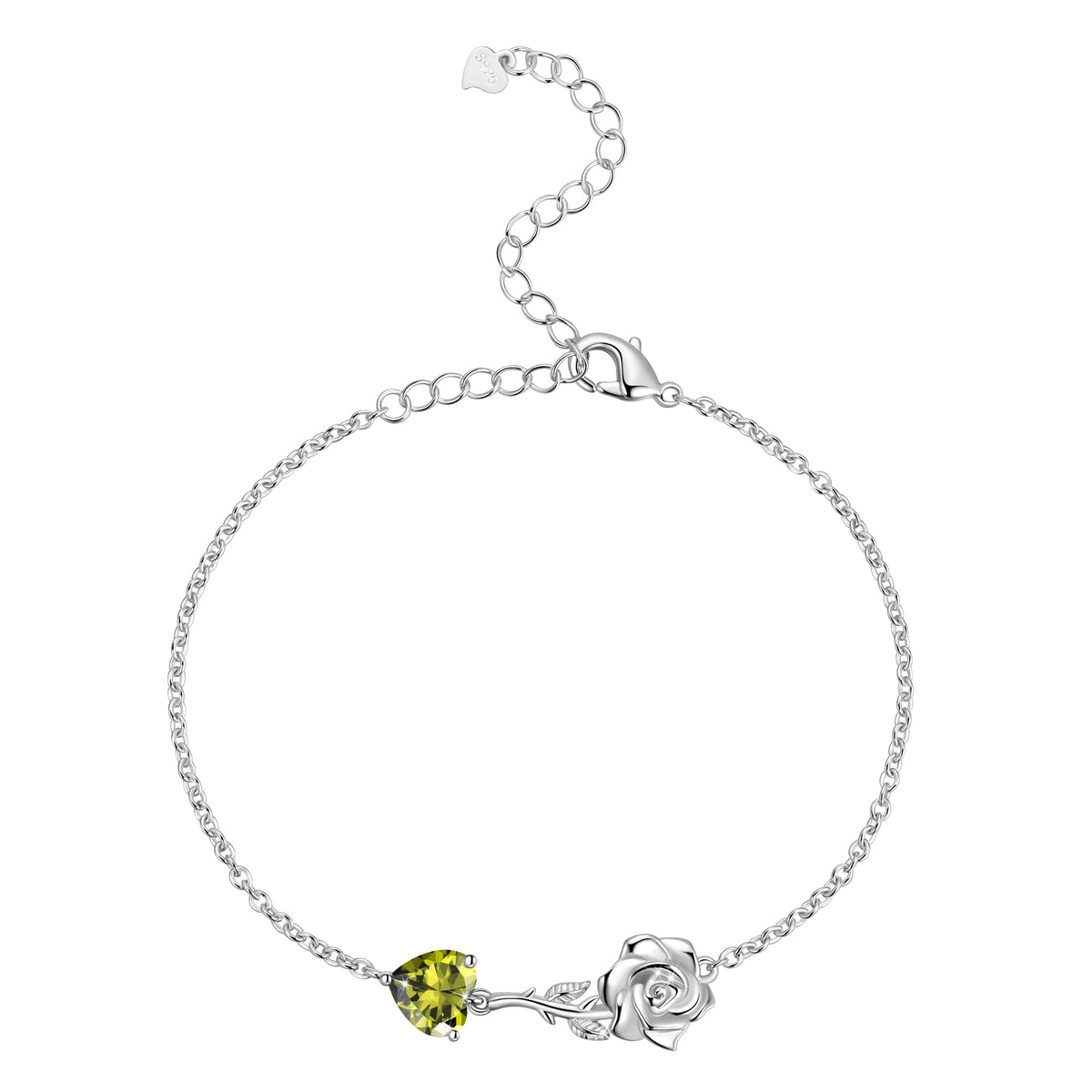 925 Sterling Silver Heart Birthstone Bracelet,Rose Flower Heart Charm Bracelet Adjustable Link Chain Jewelry Gifts for Women Mom Girls