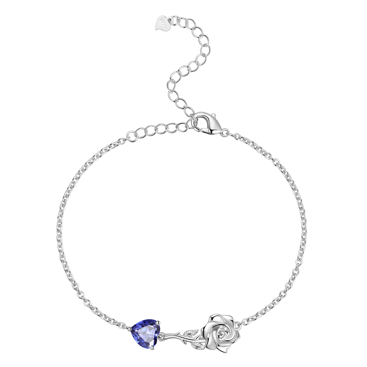 925 Sterling Silver Heart Birthstone Bracelet,Rose Flower Heart Charm Bracelet Adjustable Link Chain Jewelry Gifts for Women Mom Girls