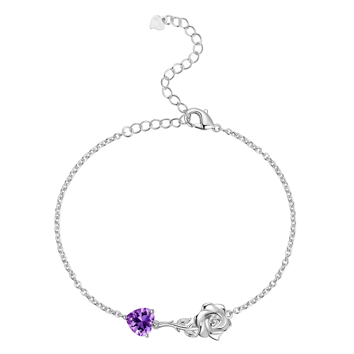925 Sterling Silver Heart Birthstone Bracelet,Rose Flower Heart Charm Bracelet Adjustable Link Chain Jewelry Gifts for Women Mom Girls