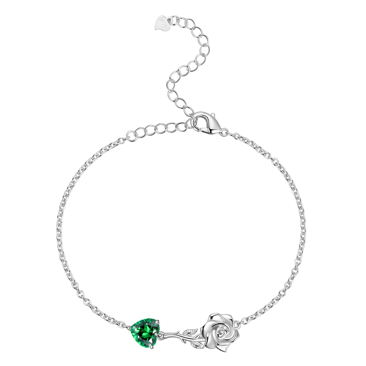 925 Sterling Silver Heart Birthstone Bracelet,Rose Flower Heart Charm Bracelet Adjustable Link Chain Jewelry Gifts for Women Mom Girls