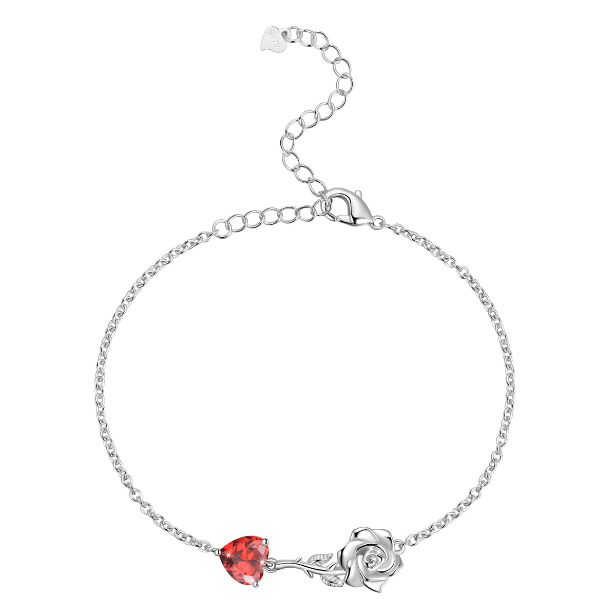 925 Sterling Silver Heart Birthstone Bracelet,Rose Flower Heart Charm Bracelet Adjustable Link Chain Jewelry Gifts for Women Mom Girls