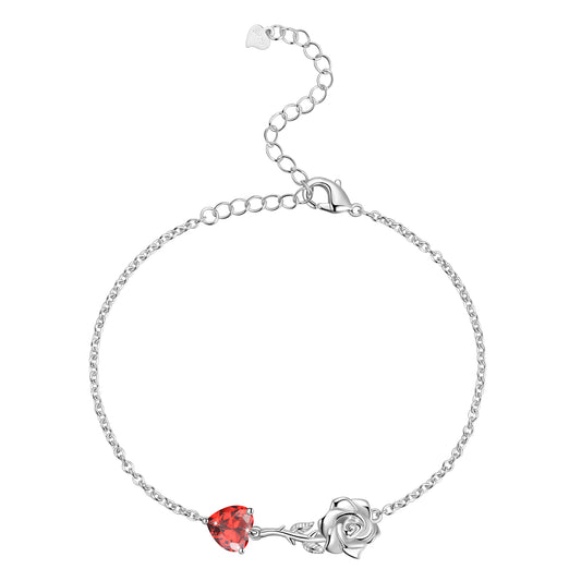 925 Sterling Silver Heart Birthstone Bracelet,Rose Flower Heart Charm Bracelet Adjustable Link Chain Jewelry Gifts for Women Mom Girls