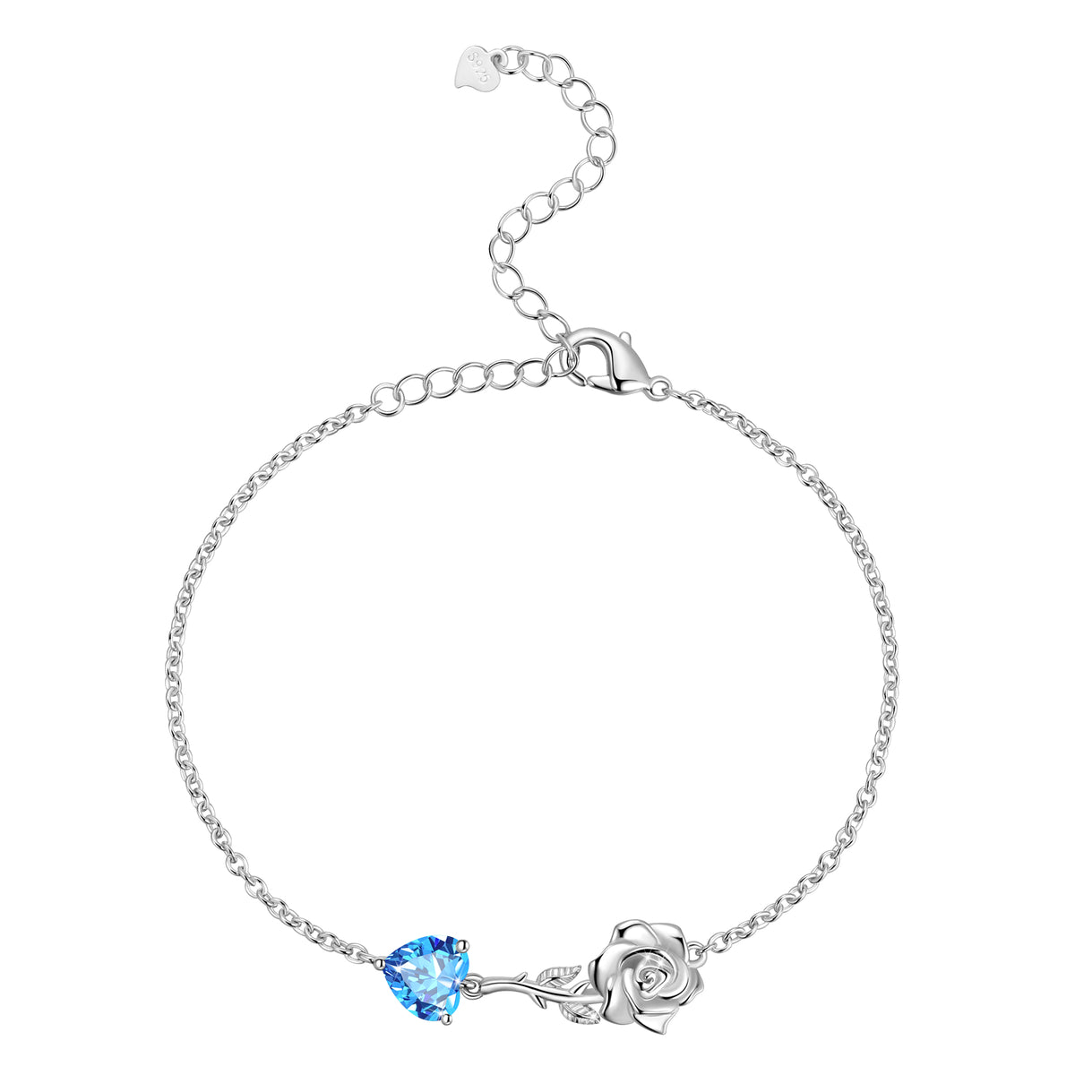 925 Sterling Silver Heart Birthstone Bracelet,Rose Flower Heart Charm Bracelet Adjustable Link Chain Jewelry Gifts for Women Mom Girls