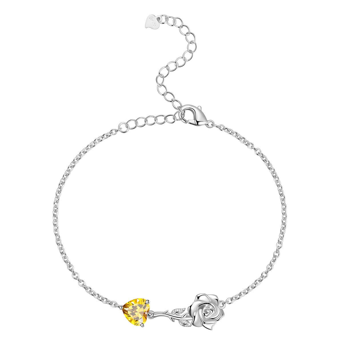 925 Sterling Silver Heart Birthstone Bracelet,Rose Flower Heart Charm Bracelet Adjustable Link Chain Jewelry Gifts for Women Mom Girls