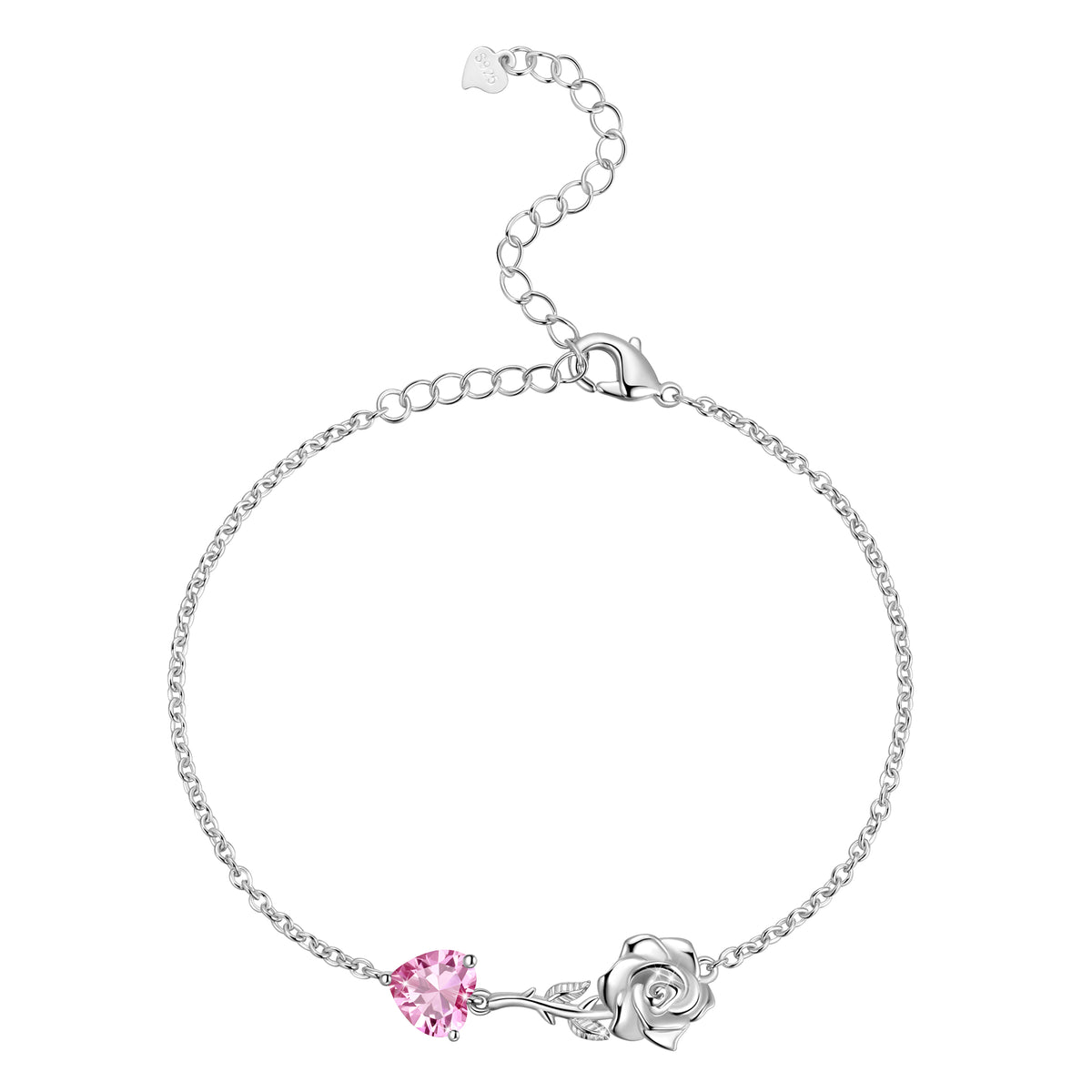 925 Sterling Silver Heart Birthstone Bracelet,Rose Flower Heart Charm Bracelet Adjustable Link Chain Jewelry Gifts for Women Mom Girls