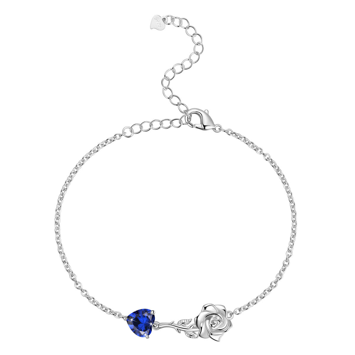 925 Sterling Silver Heart Birthstone Bracelet,Rose Flower Heart Charm Bracelet Adjustable Link Chain Jewelry Gifts for Women Mom Girls