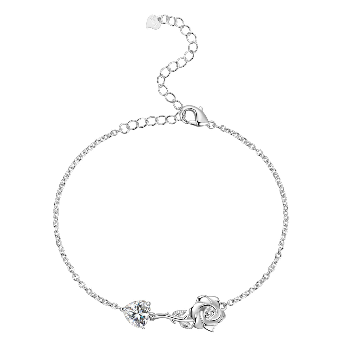 925 Sterling Silver Heart Birthstone Bracelet,Rose Flower Heart Charm Bracelet Adjustable Link Chain Jewelry Gifts for Women Mom Girls