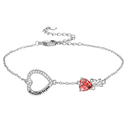 925 Sterling Silver Heart Charm Bracelet, Bow Knot Crystal Birthstone Bracelets Jewelry Christmas Birthday Valentine's day Gift for Women/ Her /Mom