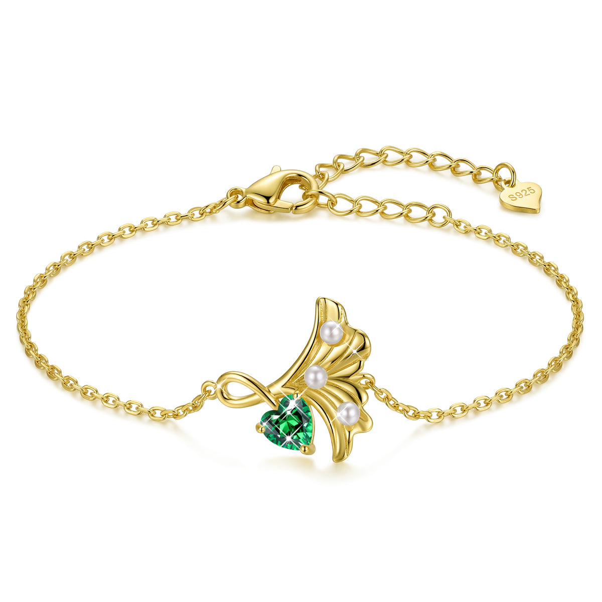 Yndra 18K Gold/ White Gold/Rose Gold Plated Bracelets for Women,S925 Sterling Silver Birthstone Charm Bracelet,Leaf Pearl Birthday Mother’s Day Jewelry Gift for Her Wife Mom Girlfriend