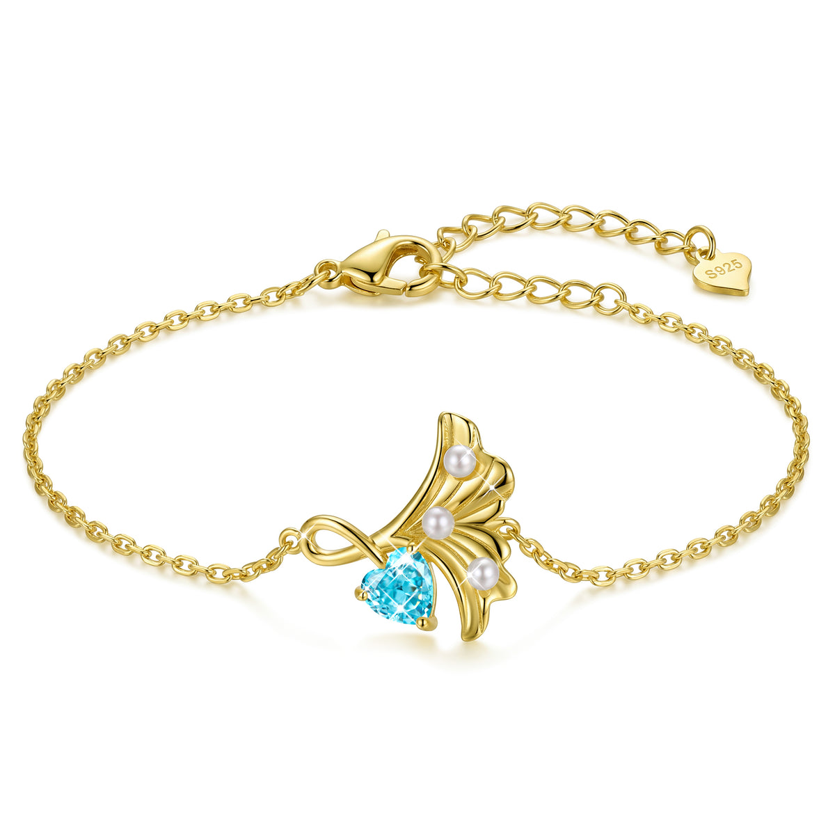 Yndra 18K Gold/ White Gold/Rose Gold Plated Bracelets for Women,S925 Sterling Silver Birthstone Charm Bracelet,Leaf Pearl Birthday Mother’s Day Jewelry Gift for Her Wife Mom Girlfriend