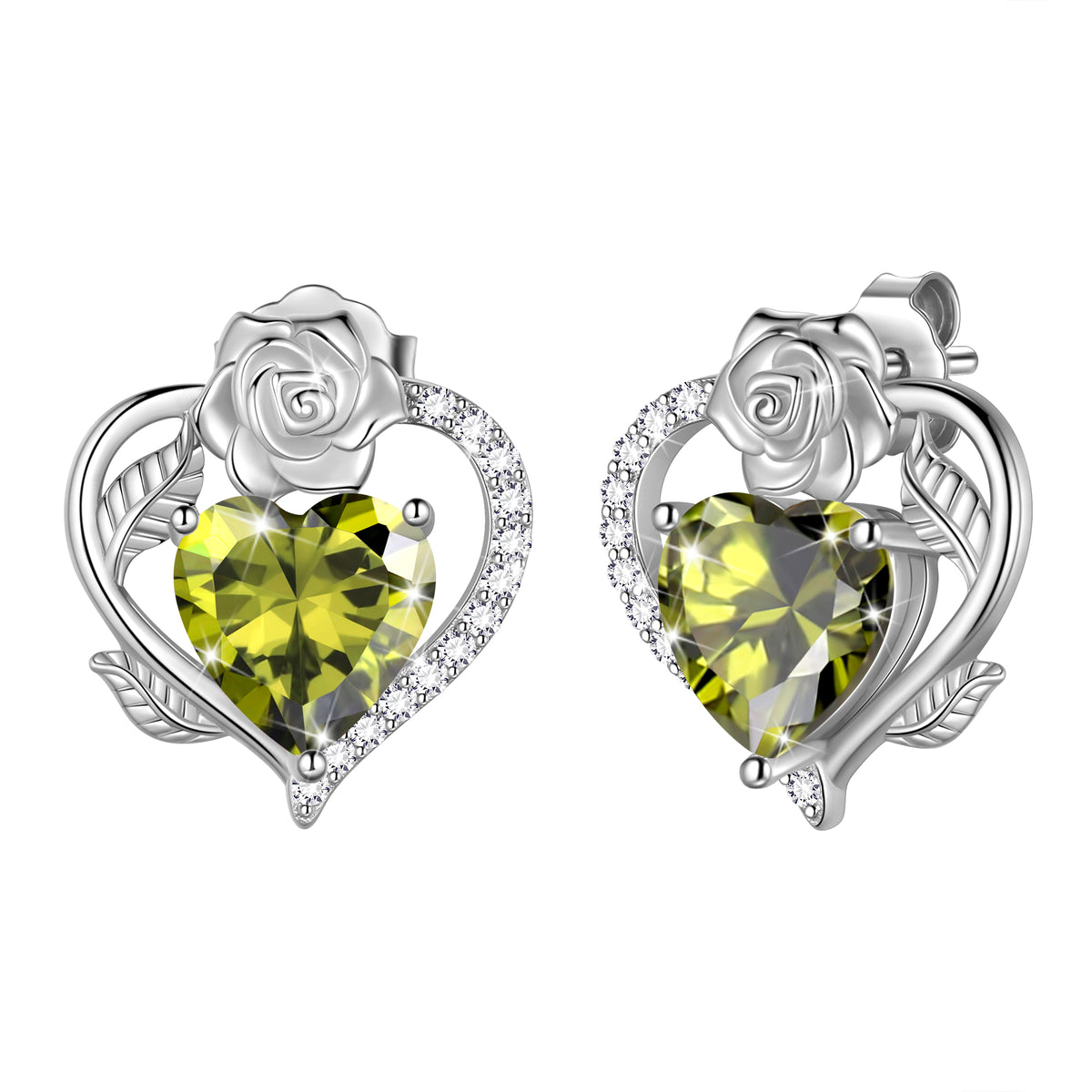 Rose Heart Birthstone Earrings,Birthstone Rose Flower Heart Earrings Studs 925 Sterling Silver Jewelry Gifts for Women