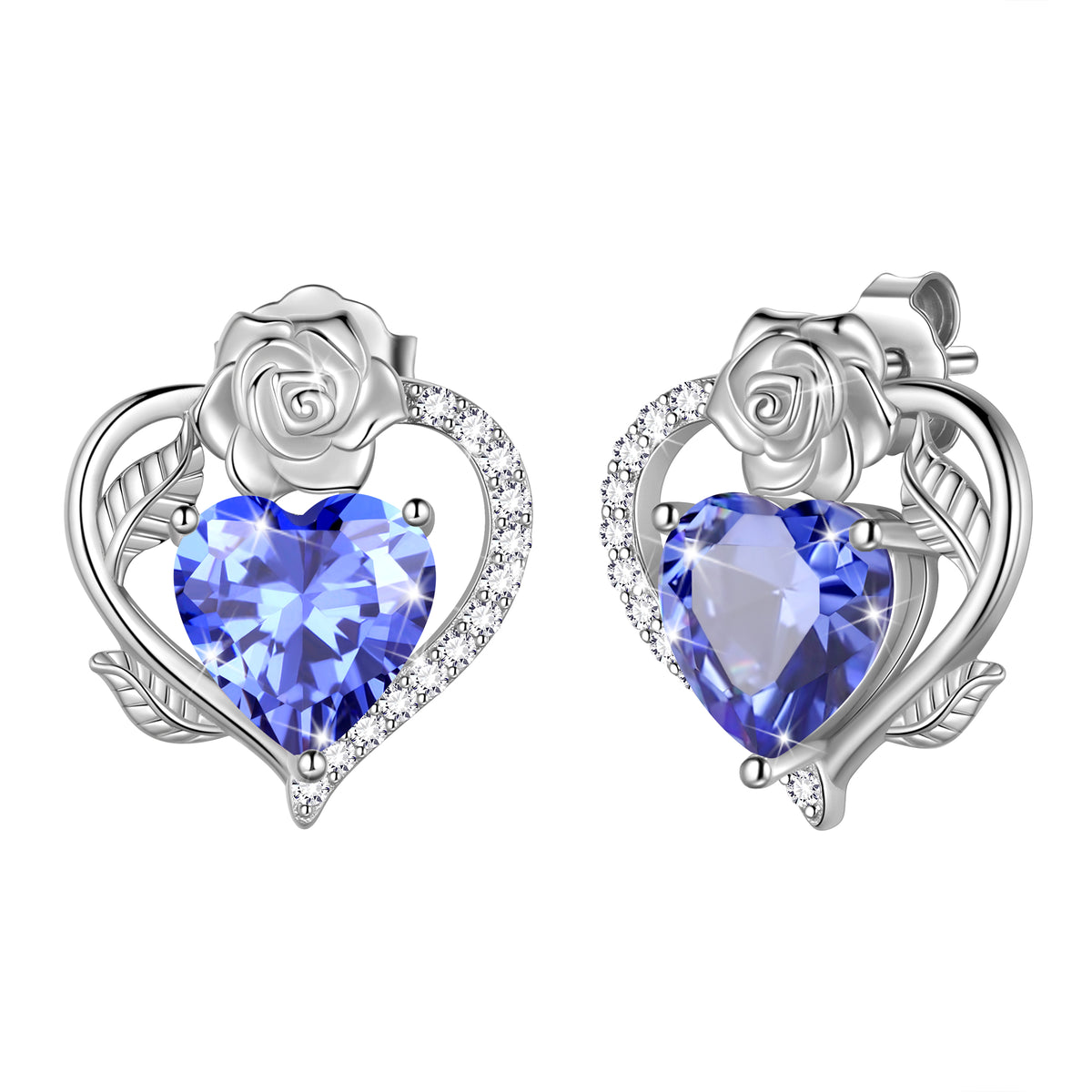 Rose Heart Birthstone Earrings,Birthstone Rose Flower Heart Earrings Studs 925 Sterling Silver Jewelry Gifts for Women