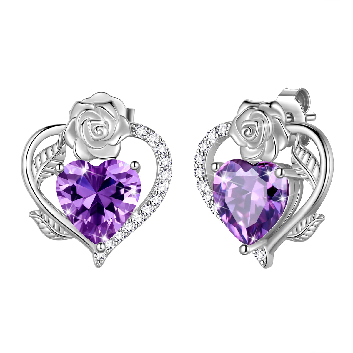 Rose Heart Birthstone Earrings,Birthstone Rose Flower Heart Earrings Studs 925 Sterling Silver Jewelry Gifts for Women