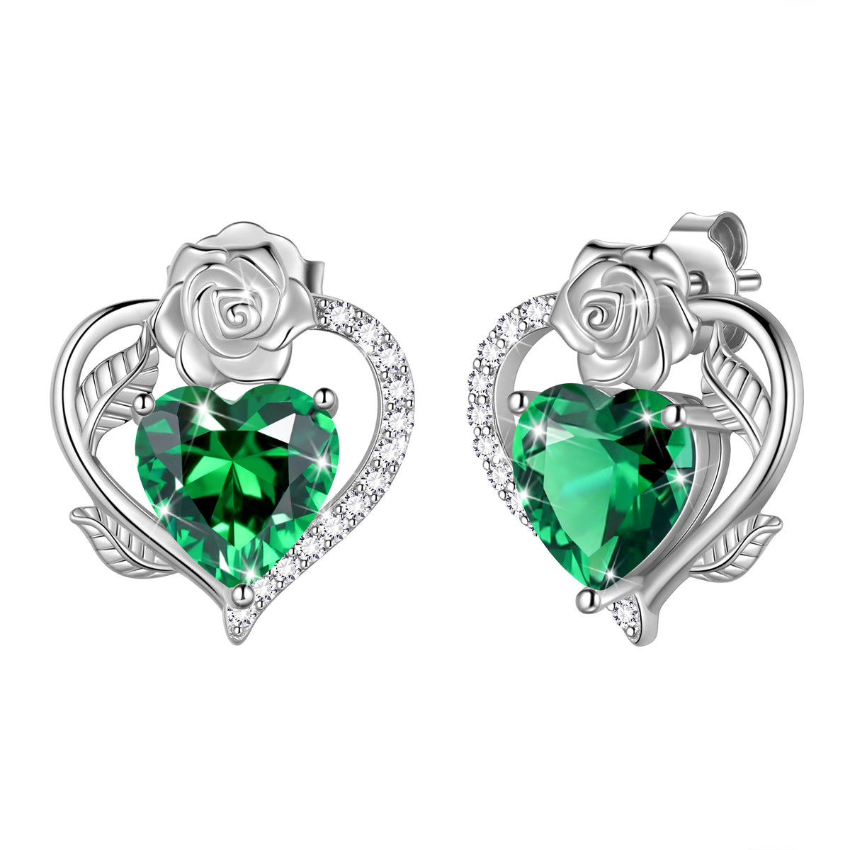 Rose Heart Birthstone Earrings,Birthstone Rose Flower Heart Earrings Studs 925 Sterling Silver Jewelry Gifts for Women