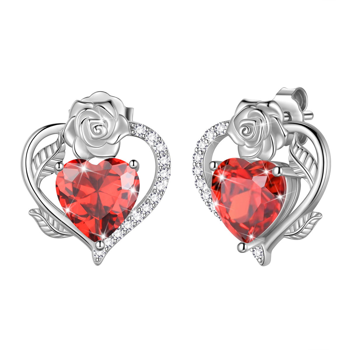 Rose Heart Birthstone Earrings,Birthstone Rose Flower Heart Earrings Studs 925 Sterling Silver Jewelry Gifts for Women