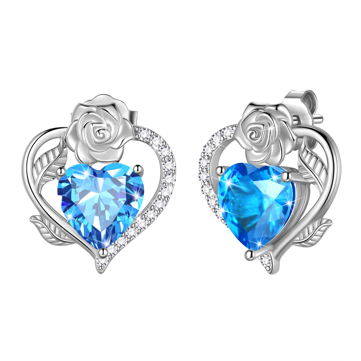 Rose Heart Birthstone Earrings,Birthstone Rose Flower Heart Earrings Studs 925 Sterling Silver Jewelry Gifts for Women
