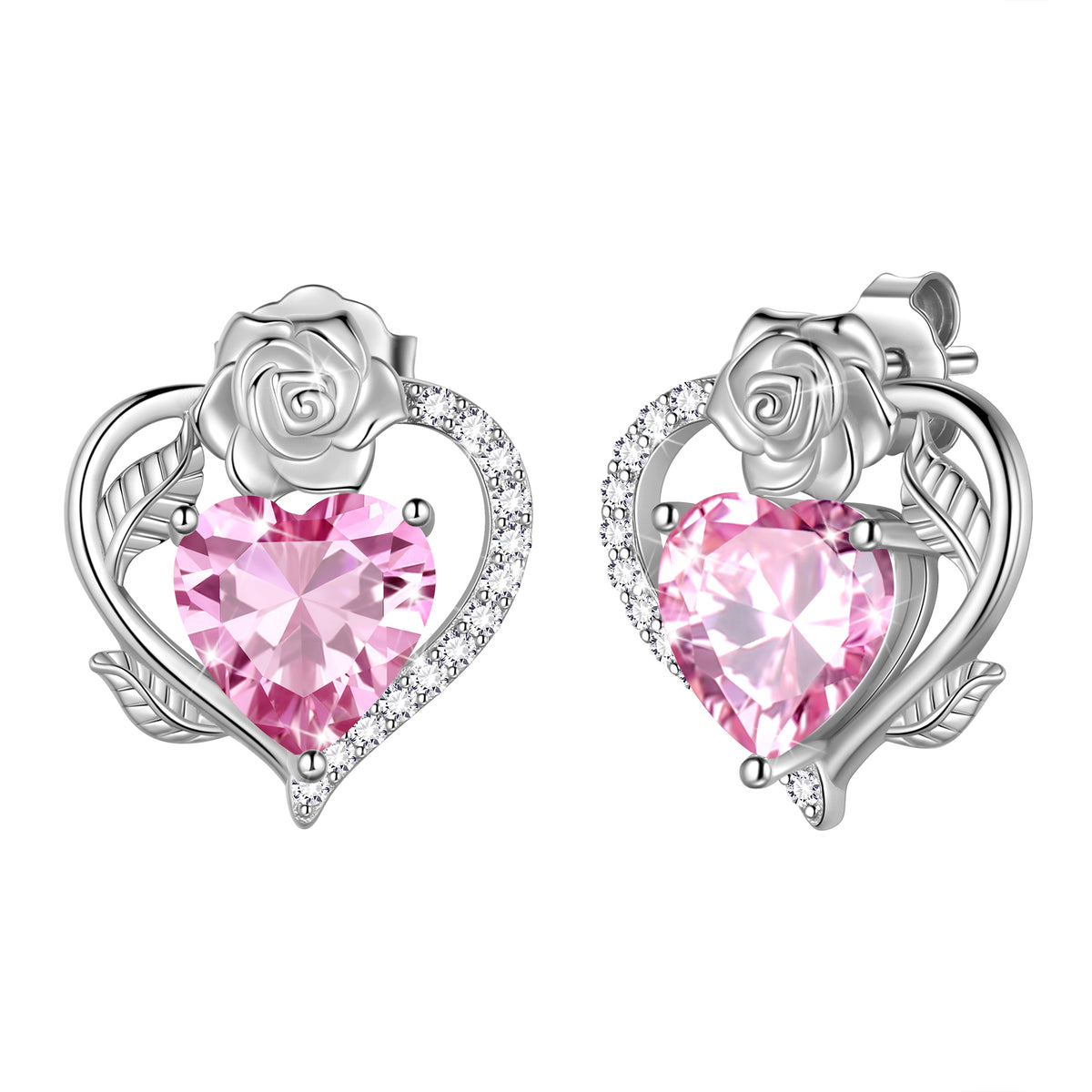 Rose Heart Birthstone Earrings,Birthstone Rose Flower Heart Earrings Studs 925 Sterling Silver Jewelry Gifts for Women