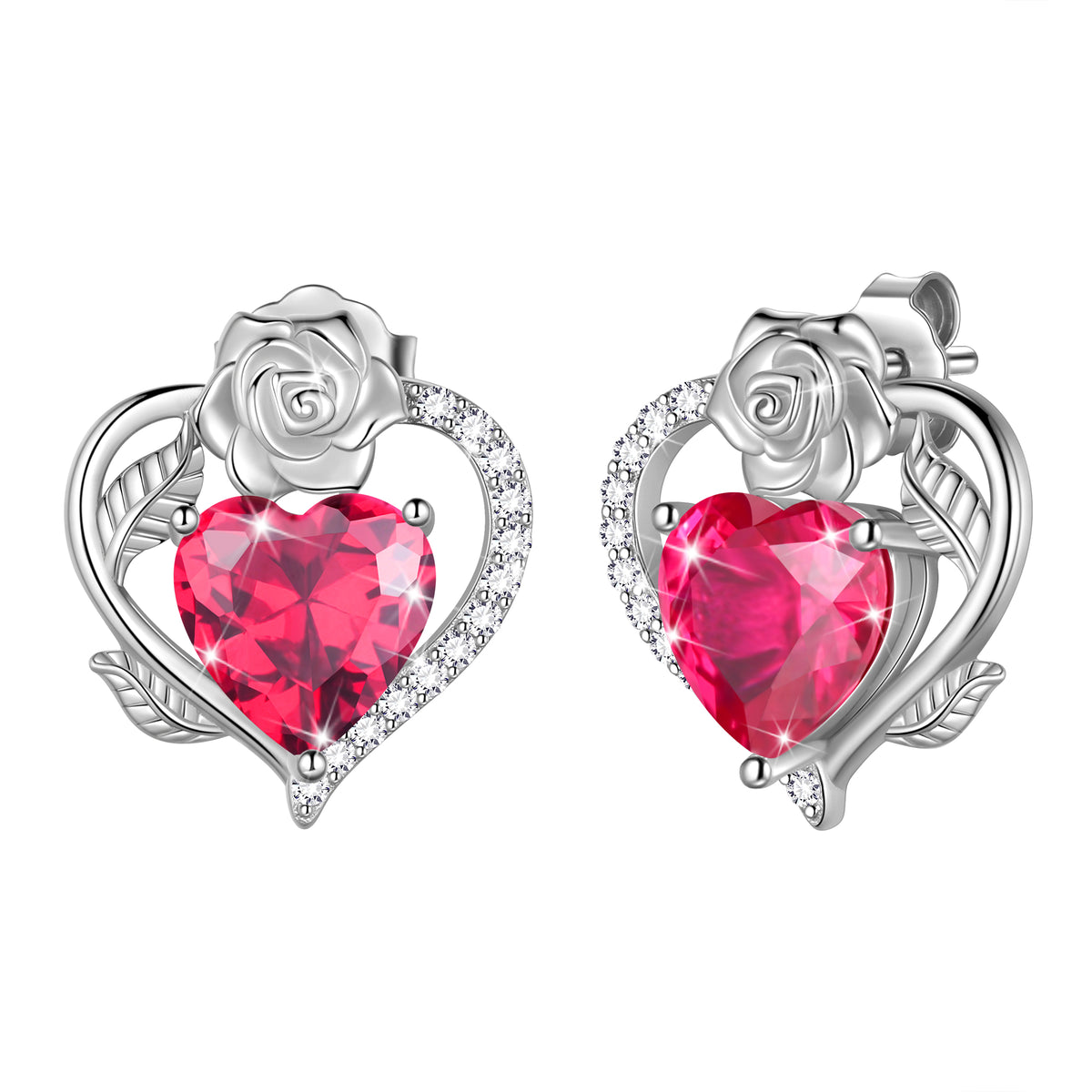 Rose Heart Birthstone Earrings,Birthstone Rose Flower Heart Earrings Studs 925 Sterling Silver Jewelry Gifts for Women