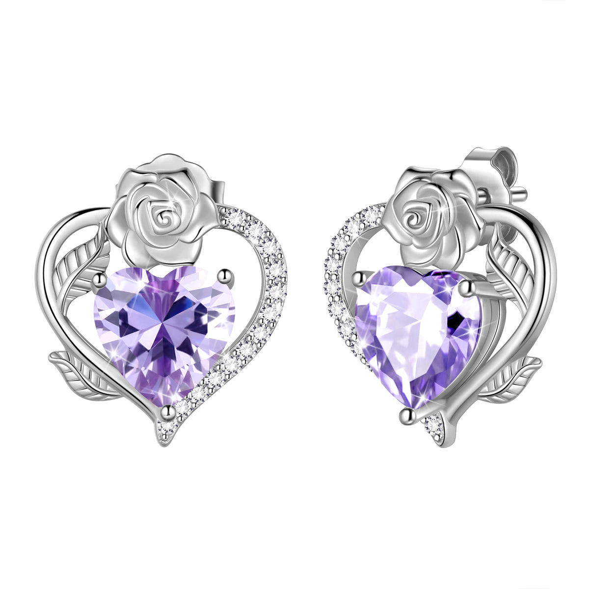 Rose Heart Birthstone Earrings,Birthstone Rose Flower Heart Earrings Studs 925 Sterling Silver Jewelry Gifts for Women