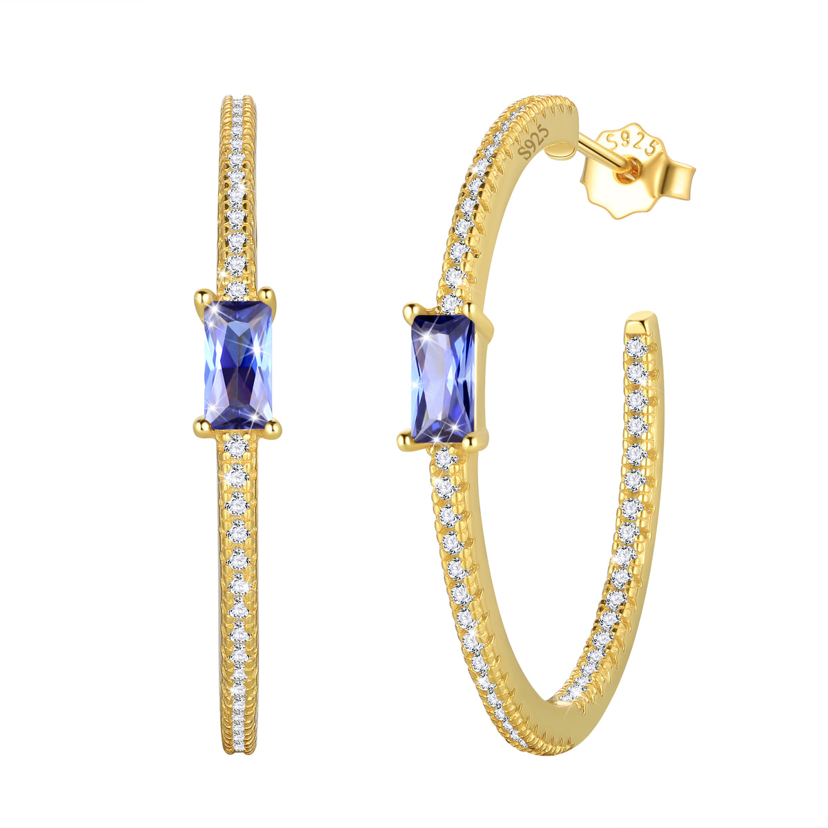 Birthstone Earrings Hoop,14k Gold Plated 925 Sterling Silver Earrings Studs Square Cubic Zirconia Jewelry Gifts for Women