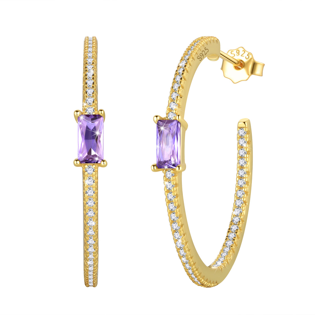 Birthstone Earrings Hoop,14k Gold Plated 925 Sterling Silver Earrings Studs Square Cubic Zirconia Jewelry Gifts for Women