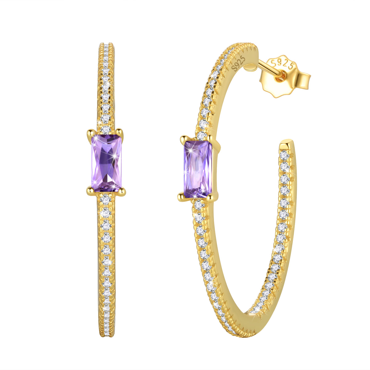 Birthstone Earrings Hoop,14k Gold Plated 925 Sterling Silver Earrings Studs Square Cubic Zirconia Jewelry Gifts for Women