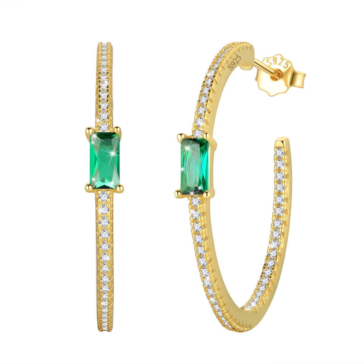 Birthstone Earrings Hoop,14k Gold Plated 925 Sterling Silver Earrings Studs Square Cubic Zirconia Jewelry Gifts for Women