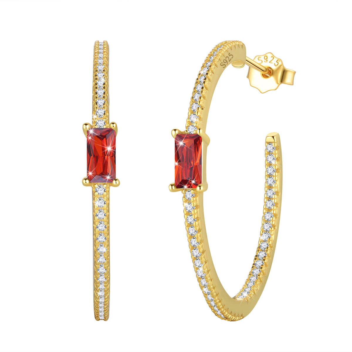 Birthstone Earrings Hoop,14k Gold Plated 925 Sterling Silver Earrings Studs Square Cubic Zirconia Jewelry Gifts for Women