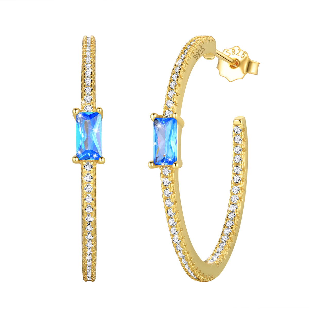 Birthstone Earrings Hoop,14k Gold Plated 925 Sterling Silver Earrings Studs Square Cubic Zirconia Jewelry Gifts for Women