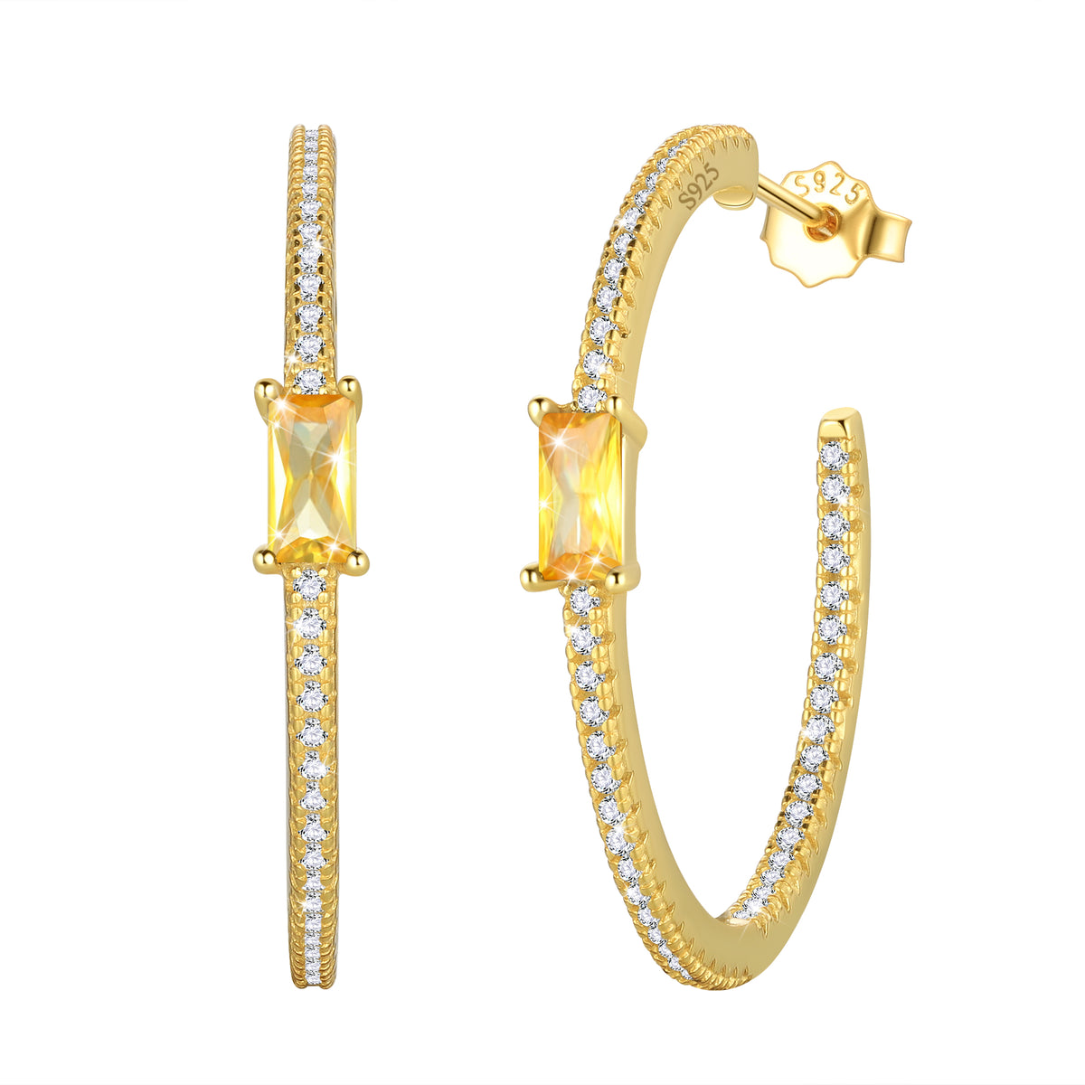 Birthstone Earrings Hoop,14k Gold Plated 925 Sterling Silver Earrings Studs Square Cubic Zirconia Jewelry Gifts for Women