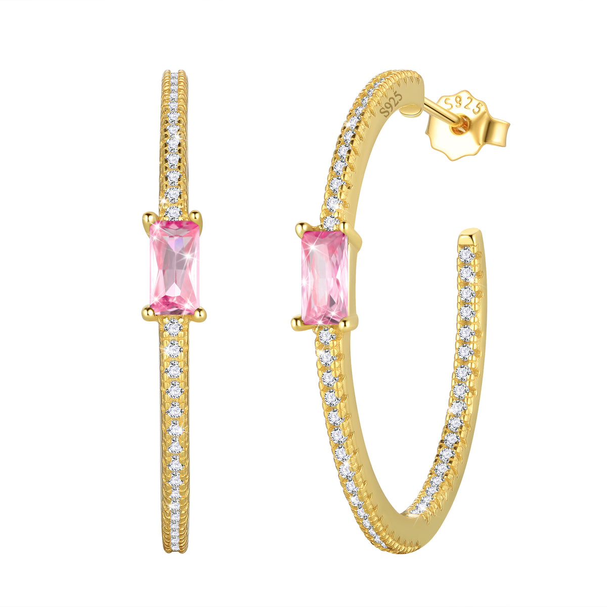 Birthstone Earrings Hoop,14k Gold Plated 925 Sterling Silver Earrings Studs Square Cubic Zirconia Jewelry Gifts for Women