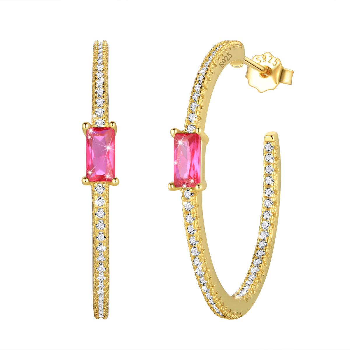 Birthstone Earrings Hoop,14k Gold Plated 925 Sterling Silver Earrings Studs Square Cubic Zirconia Jewelry Gifts for Women