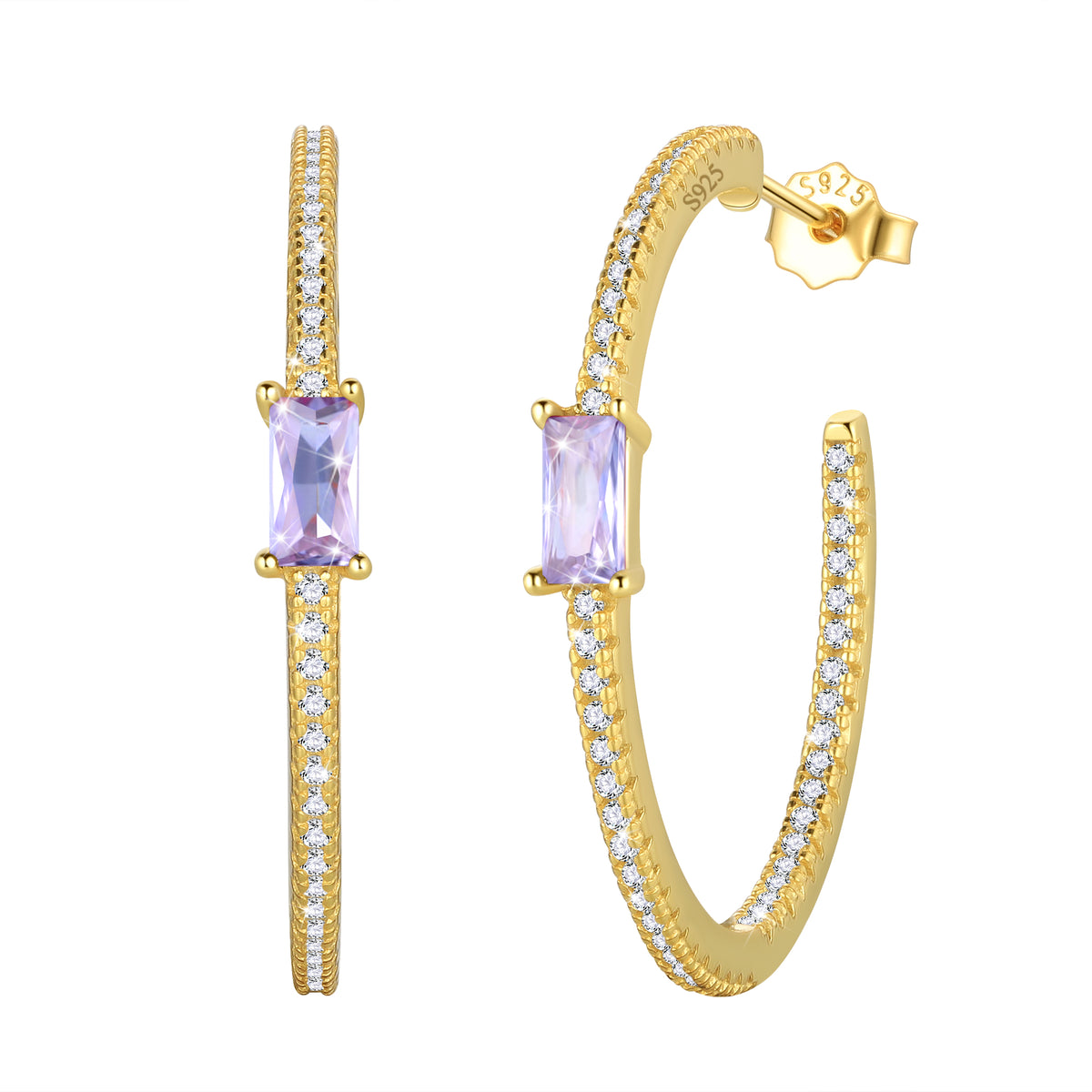 Birthstone Earrings Hoop,14k Gold Plated 925 Sterling Silver Earrings Studs Square Cubic Zirconia Jewelry Gifts for Women