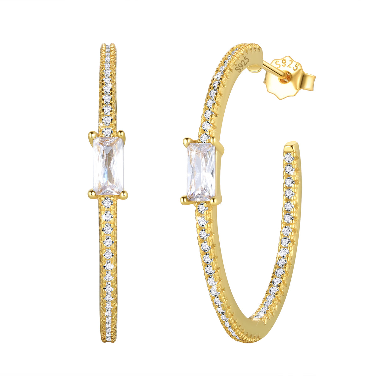 Birthstone Earrings Hoop,14k Gold Plated 925 Sterling Silver Earrings Studs Square Cubic Zirconia Jewelry Gifts for Women