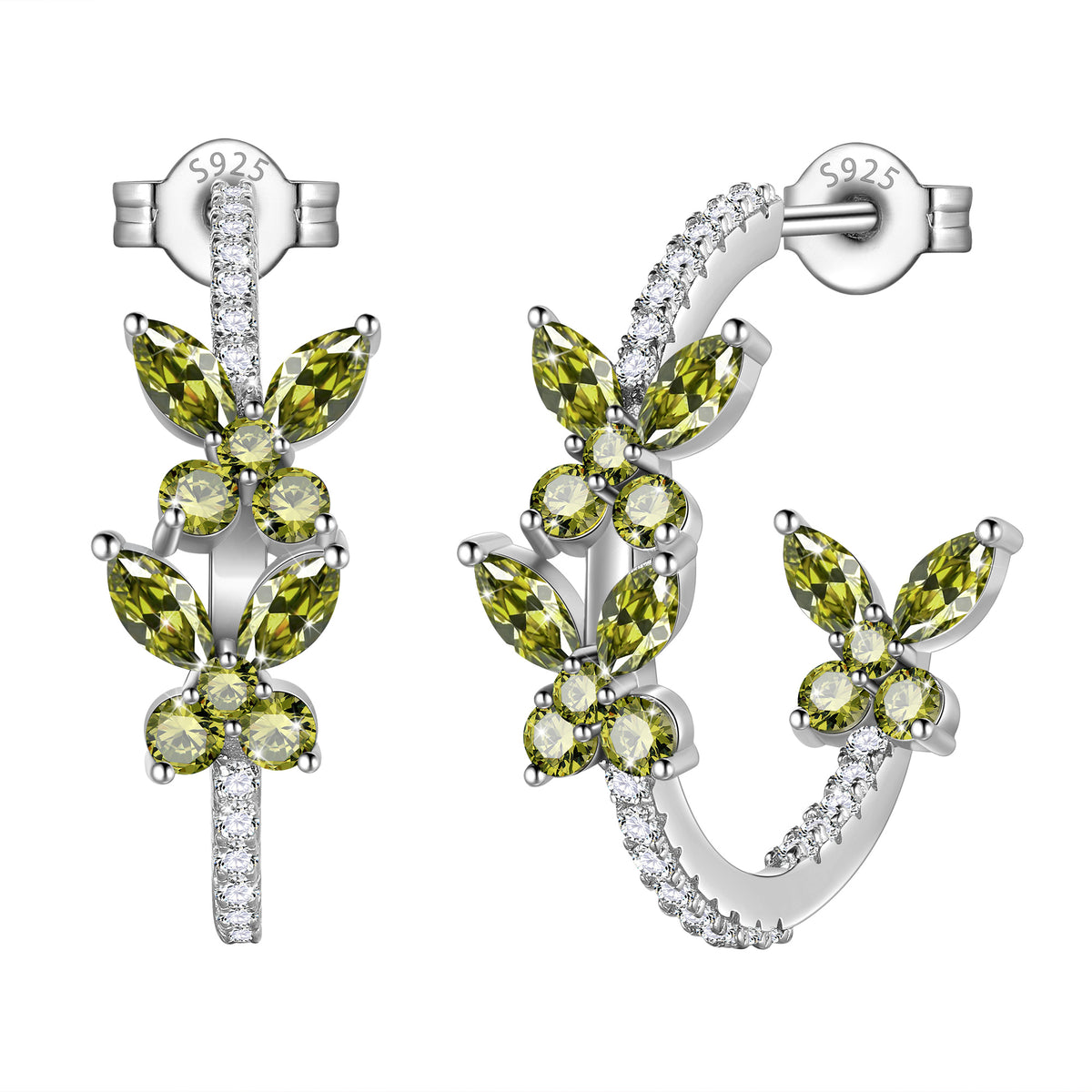 18K White Gold over Stering Silver Butterfly Hoop Earrings,May Emerald Birthstone Studs Earrings Jewelry Birthday Christmas Valentines Mother's Day Gifts for Women Mom