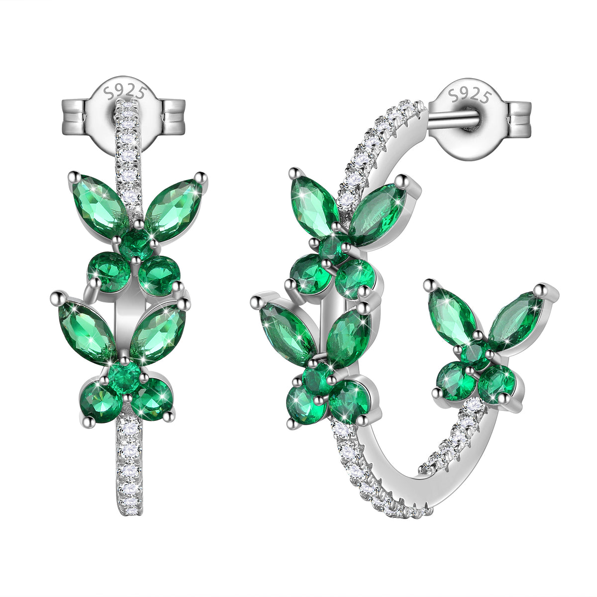 18K White Gold over Stering Silver Butterfly Hoop Earrings,May Emerald Birthstone Studs Earrings Jewelry Birthday Christmas Valentines Mother's Day Gifts for Women Mom