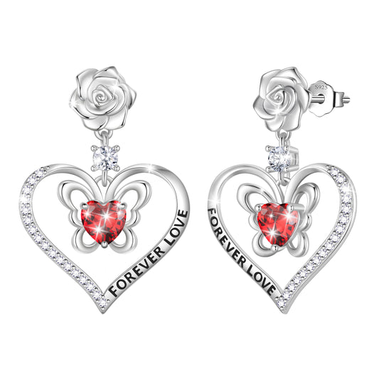 Forever Love Butterfly Heart Stud Earrings,Birthstone Rose Flower Dangle Drop Earrings Jewelry Birthday Christmas Gifts for Women