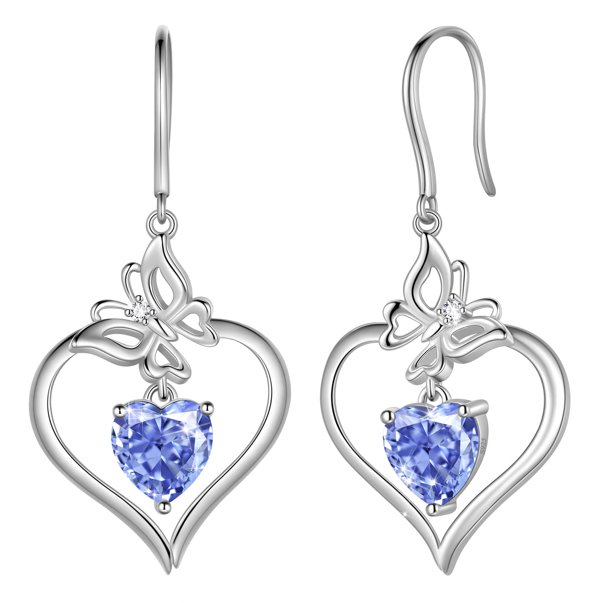 18K White Gold over Stering Silver Butterfly Dangle Drop Earrings,March Birthstone Heart Hook Earrings Jewelry Birthday Christmas Mothers Day Gifts for Women Mom
