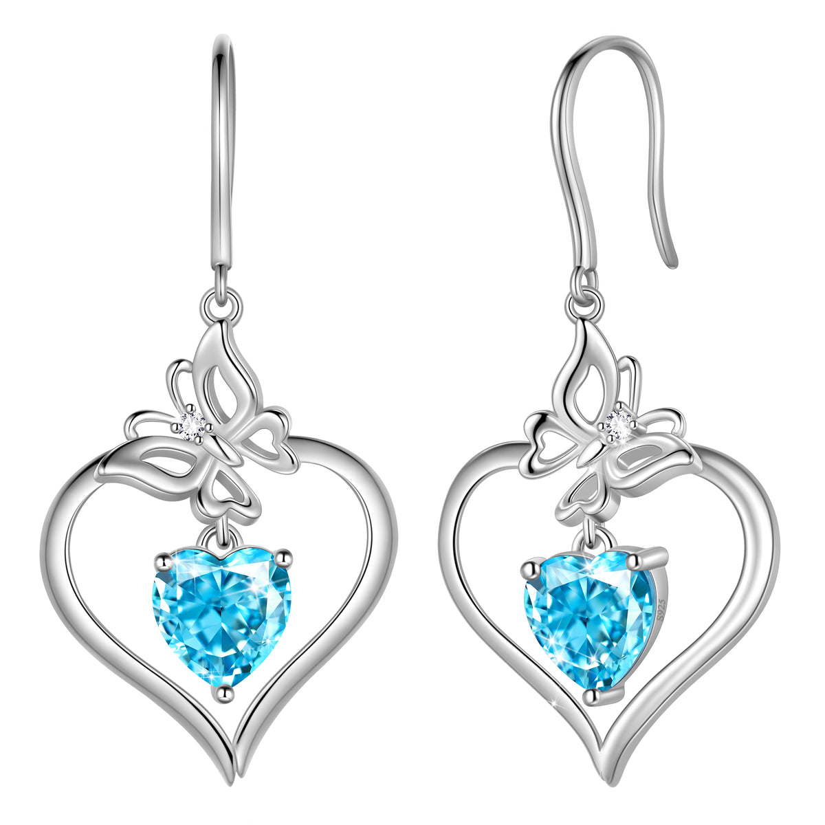 18K White Gold over Stering Silver Butterfly Dangle Drop Earrings,March Birthstone Heart Hook Earrings Jewelry Birthday Christmas Mothers Day Gifts for Women Mom