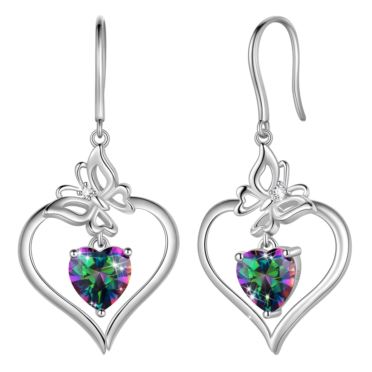 18K White Gold over Stering Silver Butterfly Dangle Drop Earrings,March Birthstone Heart Hook Earrings Jewelry Birthday Christmas Mothers Day Gifts for Women Mom