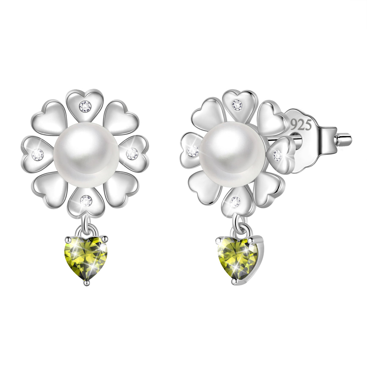 Flower Natural Pearl Earrings,925 Sterling Silver Heart Birthstone Stud Earrings Birthday Anniversary Christmas Jewelry Gifts for Women / Wife / Lovers