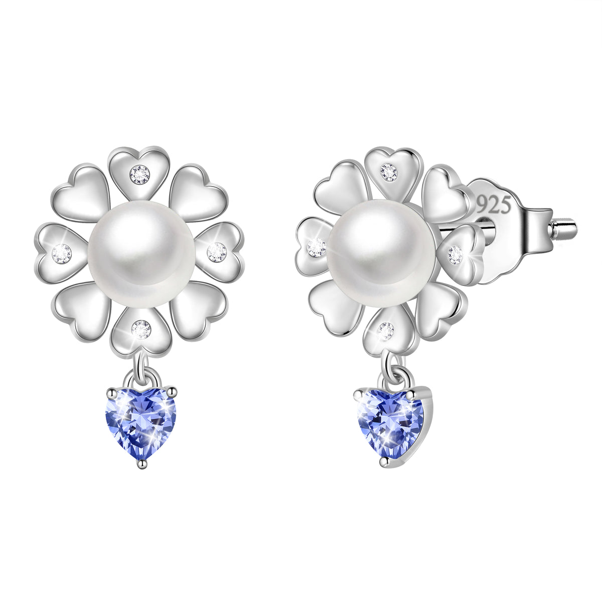 Flower Natural Pearl Earrings,925 Sterling Silver Heart Birthstone Stud Earrings Birthday Anniversary Christmas Jewelry Gifts for Women / Wife / Lovers