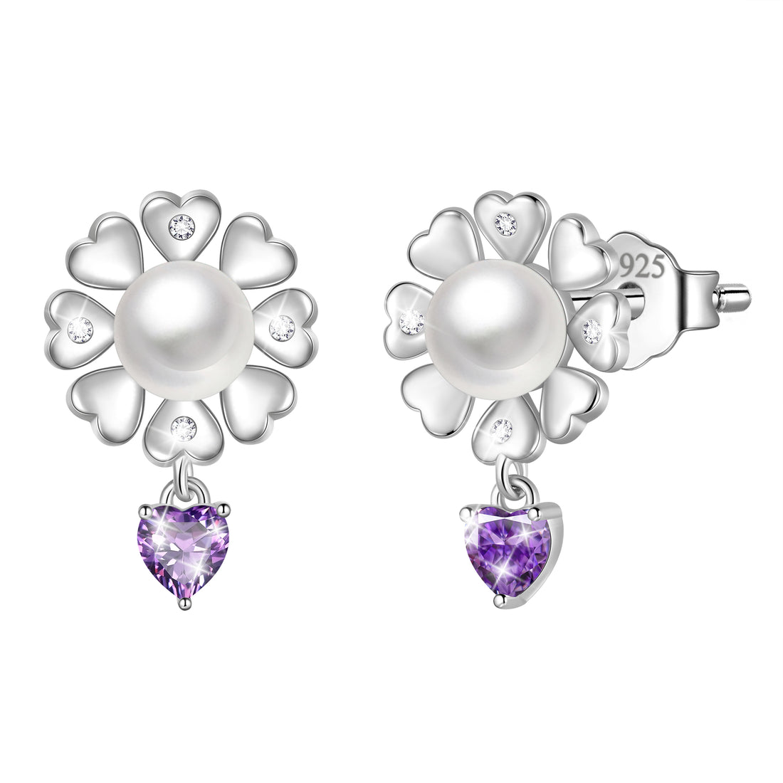 Flower Natural Pearl Earrings,925 Sterling Silver Heart Birthstone Stud Earrings Birthday Anniversary Christmas Jewelry Gifts for Women / Wife / Lovers